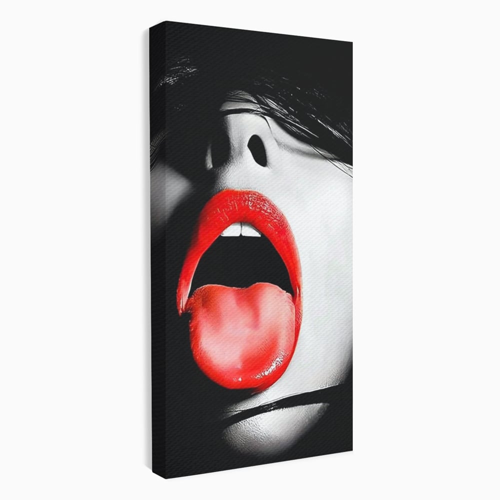 Tablou canvas cu tablou canvas cu buze si limba rosie, fara rama, pe sasiu de lemn